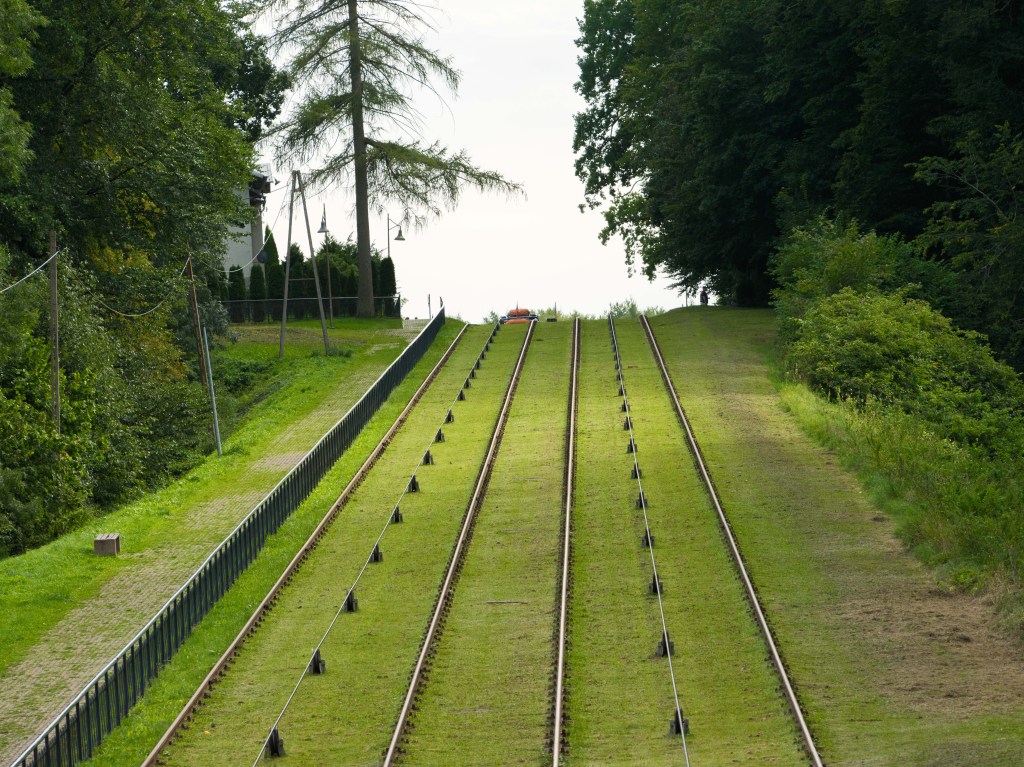 Widok torów kolejowych prowadzących w górę na zielonej, trawiastej skarpie otoczonej drzewami.